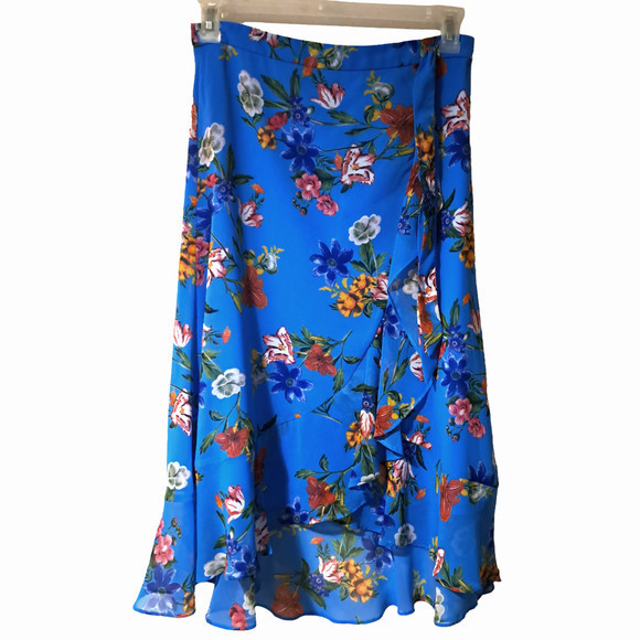 Calvin Klein Womens Lined Ruffles Tie Front Satin Midi Skirt Blue‎ Floral Sz 4 - Picture 1 of 6